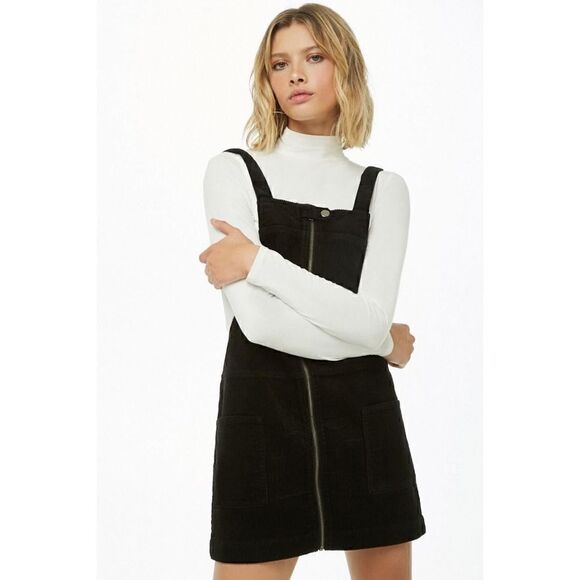 Forever 21 Black Corduroy Zip Up Overall Jumper Dress, Size Small - Picture 2 of 16